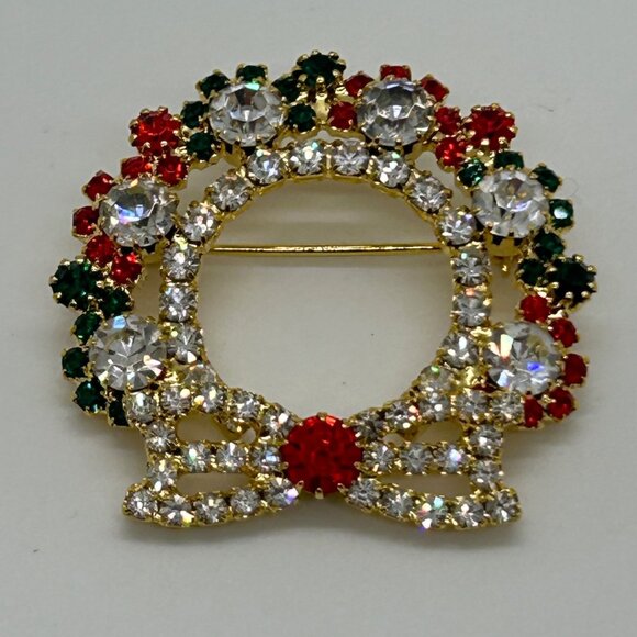 Vintage Lord & Taylor Christmas Wreath Brooch Gold-Tone Rhinestones Red Green Cl - Picture 15 of 16